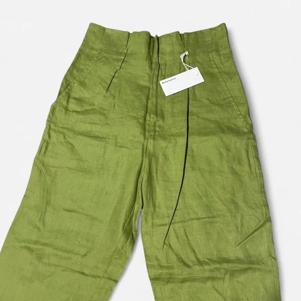 reformation nwt high rise 100% linen green paper bag business dress pants 2